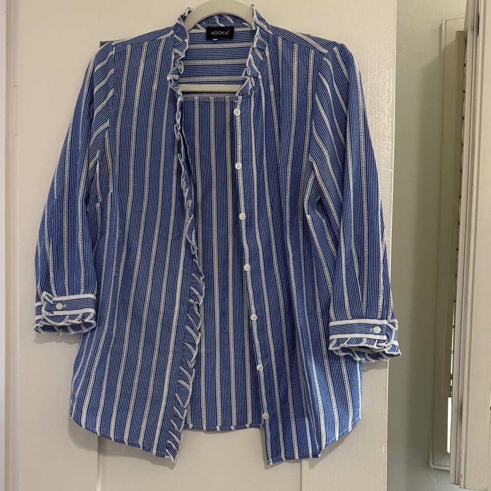 Kookai Blue and White Striped Ruffle Shirt